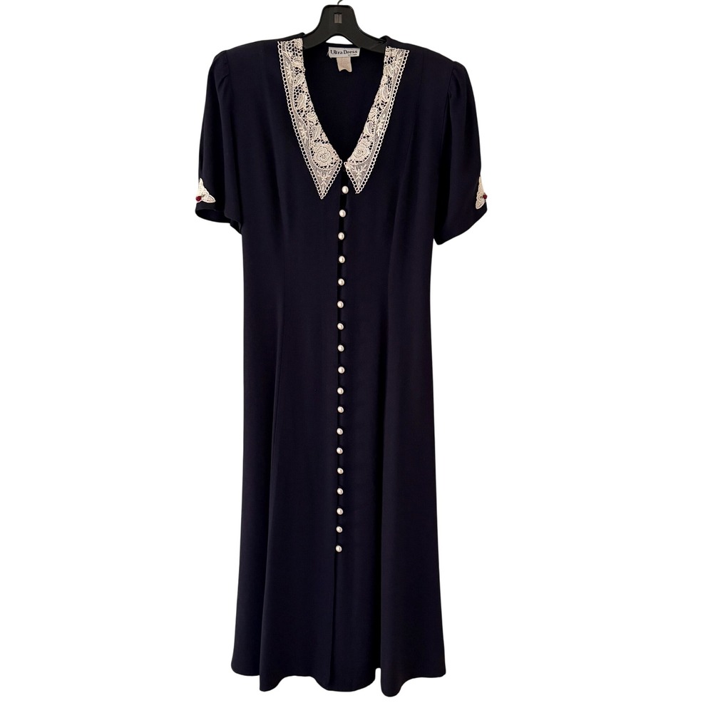 Vintage Womens Cottagecore‎ Navy Lace Collar Midi Dress Size 8 Pearl Button 80s